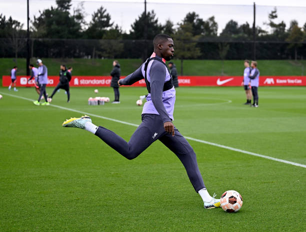 Ibrahima Konate of Liverpool during a training session at AXA Training Centre on October 04, 2023 in Kirkby, England.