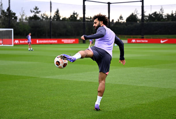 Mohamed Salah of Liverpool during a training session at AXA Training Centre on October 04, 2023 in Kirkby, England.