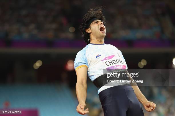 Neeraj Chopra of India rests competes in the men's javelin throw final athletics event during the 2022 Asian Games at Hangzhou Olympic Sports Centre...