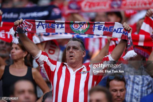 Fan of Atletico de Madrid shows their support during the UEFA Champions League match between Atletico Madrid and Feyenoord at Civitas Metropolitano...