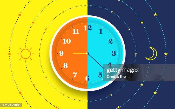 illustrazioni stock, clip art, cartoni animati e icone di tendenza di concetto di orario dell'orologio diurno e notturno - insomnia