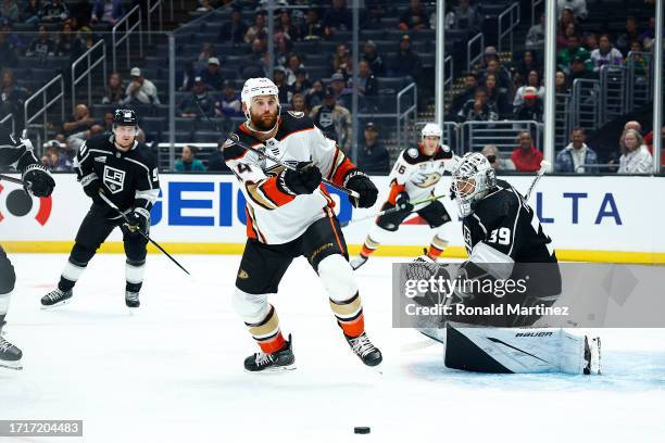 Zack Kassian of the Anaheim Ducks and Cam Talbot of the Los Angeles Kings during a preseason game at Crypto.com Arena on October 03, 2023 in Los...