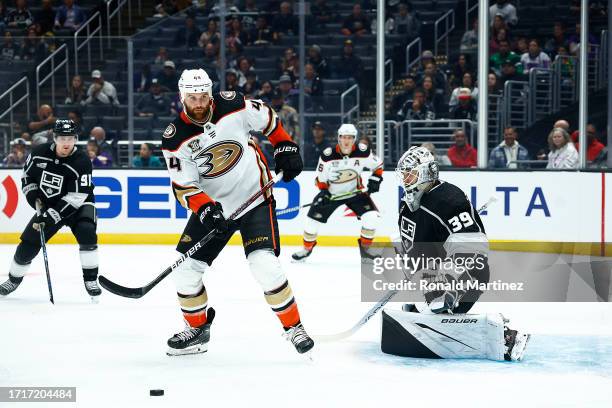 Zack Kassian of the Anaheim Ducks and Cam Talbot of the Los Angeles Kings during a preseason game at Crypto.com Arena on October 03, 2023 in Los...