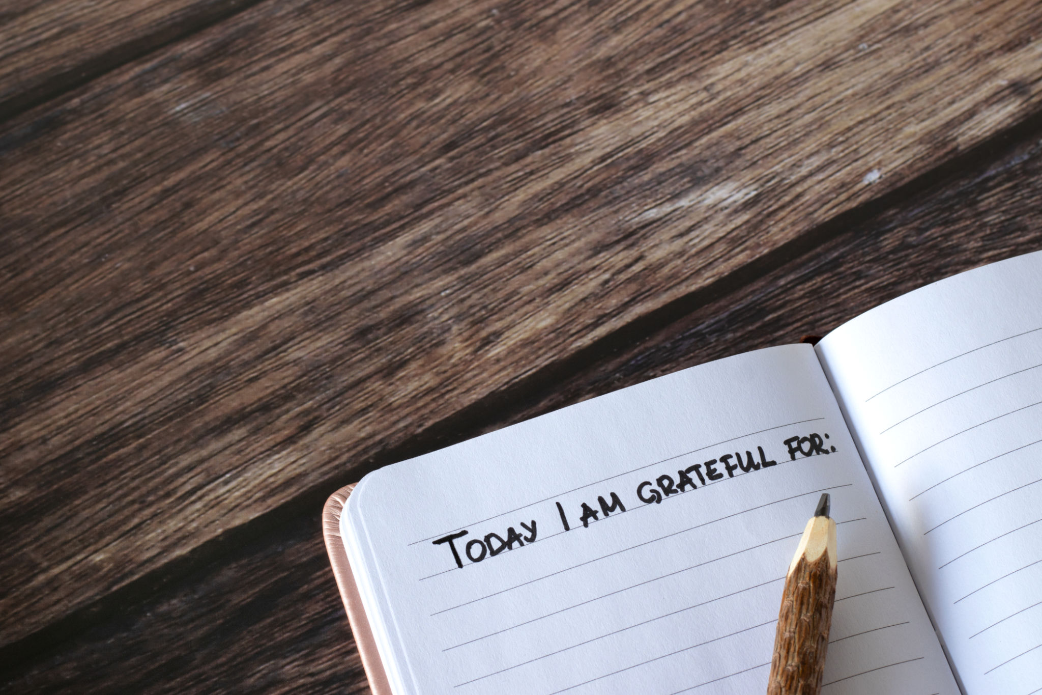 Open journal with handwritten text for gratitude and thanksgiving and pencil on wooden table, top view, copy space Open journal with handwritten text for gratitude and thanksgiving and pencil on wooden table, top view, copy space