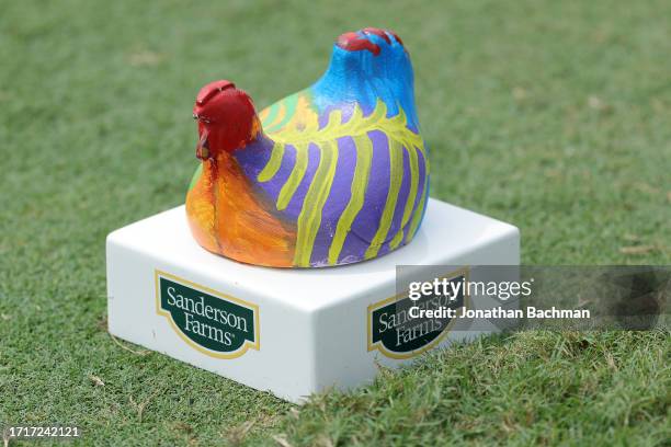 Detailed view of a tee box marker prior to the Sanderson Farms Championship at The Country Club of Jackson on October 04, 2023 in Jackson,...