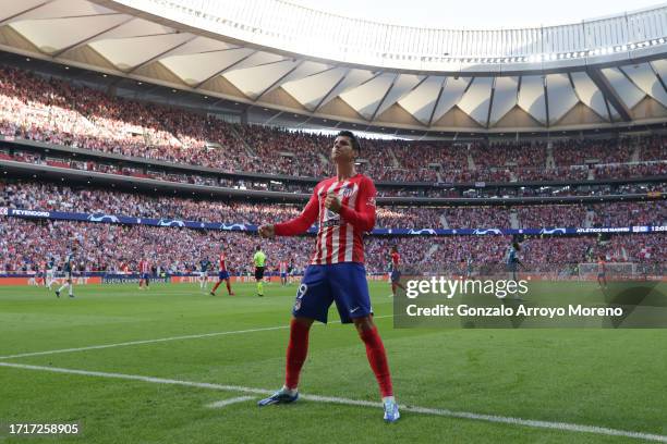 Alvaro Morata of Atletico de Madrid celebrates scoring their opening goal during the UEFA Champions League match between Atletico Madrid and...