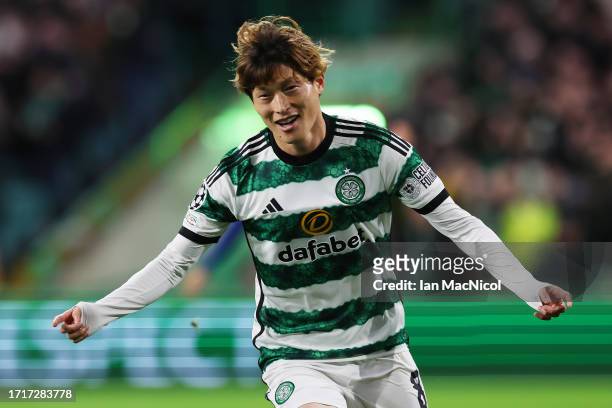 Kyogo Furuhashi of Celtic celebrates after scoring the team's first goal during the UEFA Champions League match between Celtic FC and SS Lazio at...