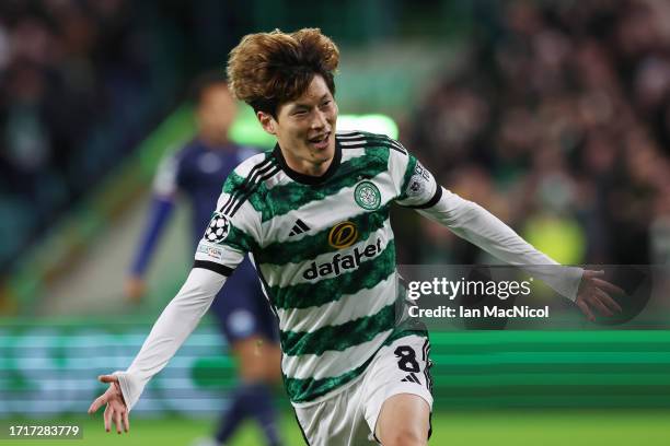 Kyogo Furuhashi of Celtic celebrates after scoring the team's first goal during the UEFA Champions League match between Celtic FC and SS Lazio at...