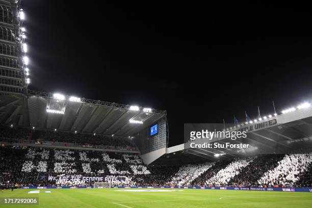 General view inside the stadium as fans of Newcastle United display banners prior to the UEFA Champions League match between Newcastle United FC and...
