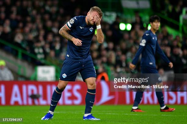 Ciro Immobile of SS Lazio reacts during the UEFA Champions League match between Celtic FC and SS Lazio at Celtic Park Stadium on October 04, 2023 in...