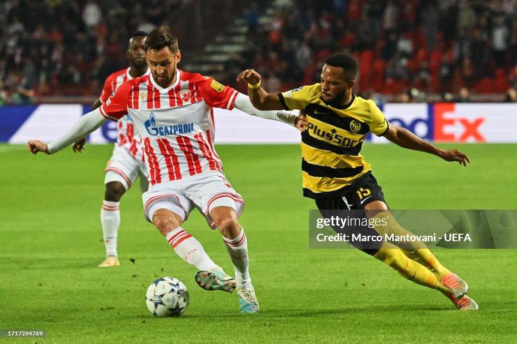 Srdjan Mijailovic of FK Crvena zvezda on the ball whilst under News  Photo - Getty Images