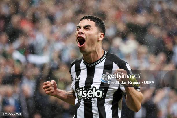 Miguel Almiron of Newcastle United celebrates after scoring the team's first goal during the UEFA Champions League match between Newcastle United FC...