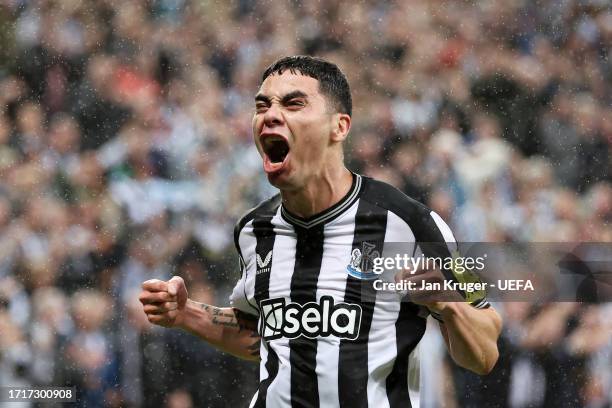 Miguel Almiron of Newcastle United celebrates after scoring the team's first goal during the UEFA Champions League match between Newcastle United FC...