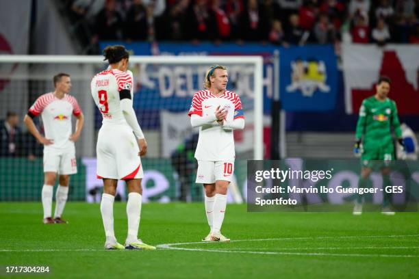 Emil Forsberg of Leipzig looks dejected after first goal against his team during the UEFA Champions League match between RB Leipzig and Manchester...
