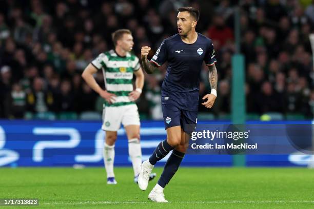 Matias Vecino of SS Lazio celebrates after scoring the team's first goal during the UEFA Champions League match between Celtic FC and SS Lazio at...