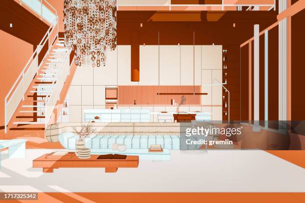 wireframe image of modern living room architecture - designer wireframe stockfoto's en -beelden