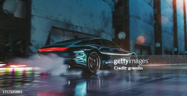 speeding futuristic car - sportwagen stockfoto's en -beelden