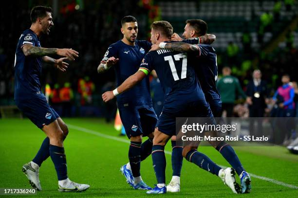 Matias Vecino of SS Lazio celebrates the first goal during the UEFA Champions League match between Celtic FC and SS Lazio at Celtic Park Stadium on...