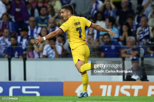 Ferran Torres of FC Barcelona celebrates after scoring the team's first goal during the UEFA Champions League match between FC Porto and FC Barcelona...