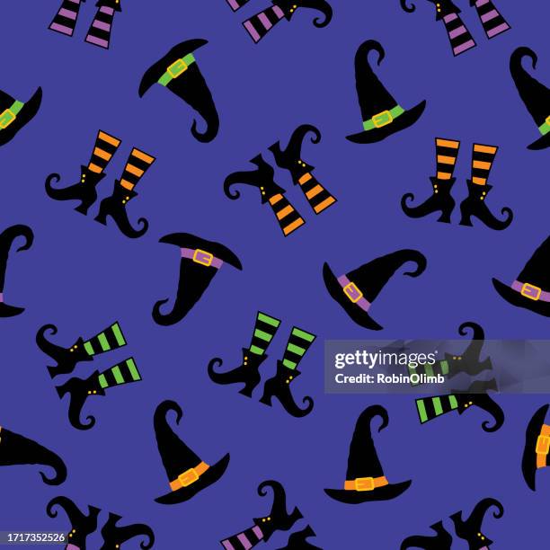 witches hats and shoes seamless pattern - witchs hat stock illustrations