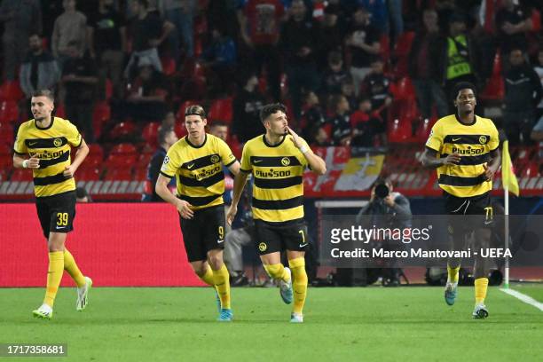 Filip Ugrinic of Young Boys celebrates after scoring the team's first goal to equalise during the UEFA Champions League match between FK Crvena...