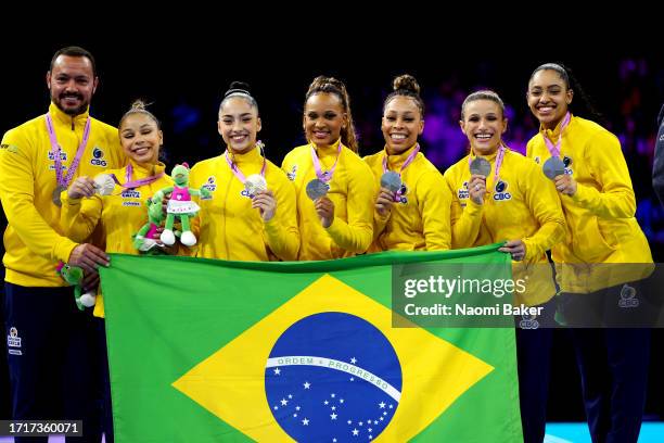 Silver medalists of Team Brazil pose for a photo during the medal ceremony for the Women's Team Final on Day Five of the 2023 Artistic Gymnastics...