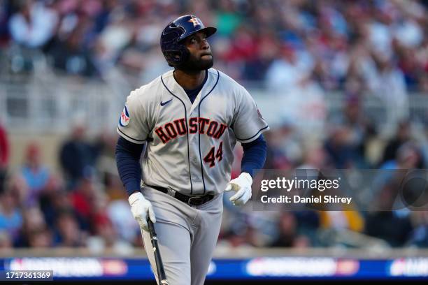 Yordan Alvarez of the Houston Astros hits a home run in the ninth inning during Game 3 of the Division Series between the Houston Astros and the...
