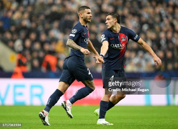 Lucas Hernandez of Paris Saint-Germain celebrates with Manuel Ugarte of Paris Saint-Germain after scoring the team's first goal during the UEFA...