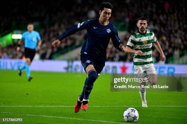 Daichi Kamada of SS Lazio in action during the UEFA Champions League match between Celtic FC and SS Lazio at Celtic Park Stadium on October 04, 2023...