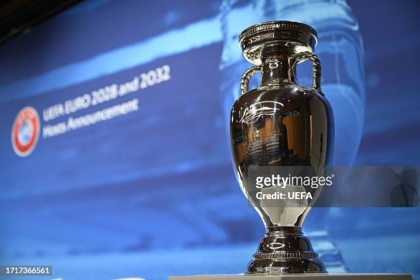 View of the UEFA EURO trophy ahead of the UEFA EURO 2028 & 2032 Host Announcement at the UEFA headquarters, The House of European Football on October...