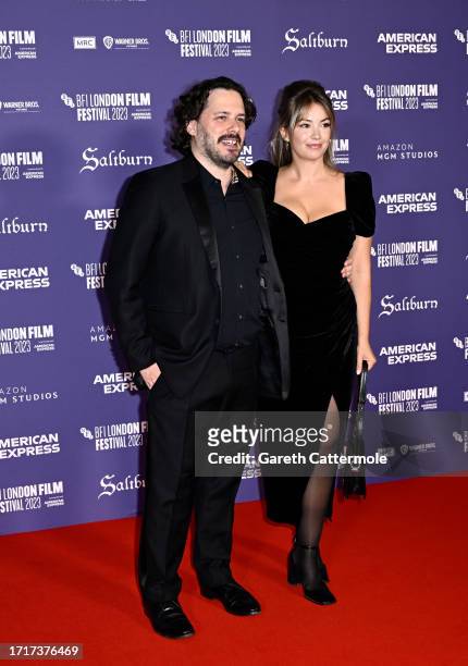 Edgar Wright and Julia Bender attend the "Saltburn" Opening Night Gala during the 67th BFI London Film Festival at The Royal Festival Hall on October...