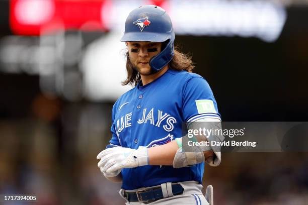 Bo Bichette of the Toronto Blue Jays looks on after a base hit against Sonny Gray of the Minnesota Twins during the first inning in Game Two of the...