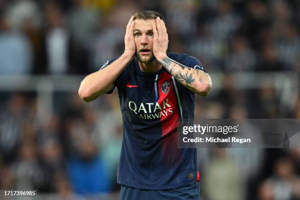 Milan Skriniar of Paris Saint-Germain reacts during the UEFA Champions League match between Newcastle United FC and Paris Saint-Germain at St. James...