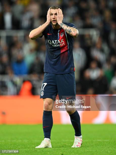 Milan Skriniar of Paris Saint-Germain reacts during the UEFA Champions League match between Newcastle United FC and Paris Saint-Germain at St. James...