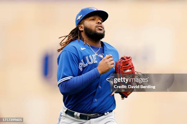 Vladimir Guerrero Jr. #27 of the Toronto Blue Jays takes the field against the Minnesota Twins during the first inning in Game Two of the Wild Card...