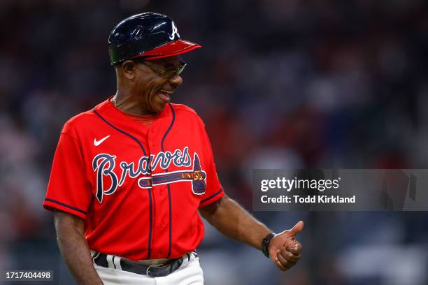 Third base coach Ron Washington of the Atlanta Braves reacts during the seventh inning against the Washington Nationals at Truist Park on September...