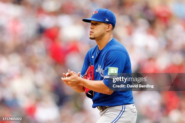 Jose Berrios of the Toronto Blue Jays prepares to pitch against the Minnesota Twins during the first inning in Game Two of the Wild Card Series at...
