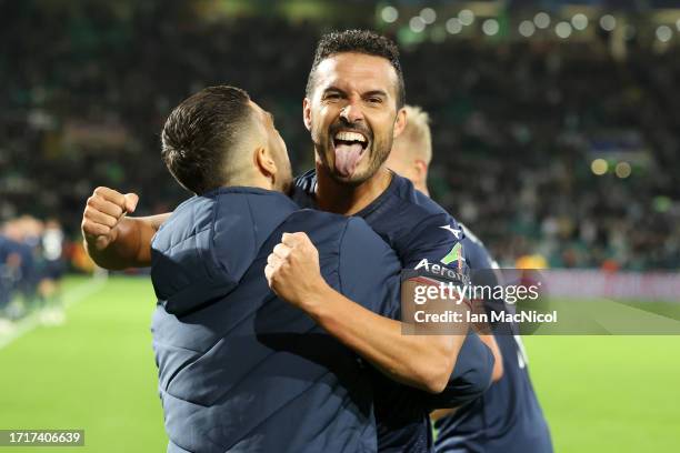 Pedro of SS Lazio celebrates after scoring the team's second goal during the UEFA Champions League match between Celtic FC and SS Lazio at Celtic...