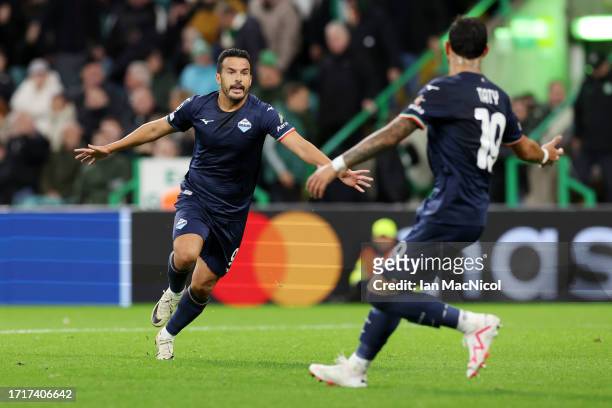 Pedro of SS Lazio celebrates after scoring the team's second goal during the UEFA Champions League match between Celtic FC and SS Lazio at Celtic...