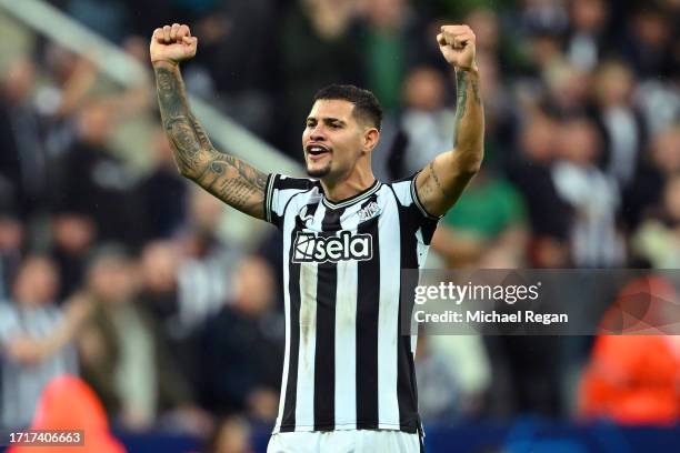 Bruno Guimaraes of Newcastle United celebrates as Fabian Schaer of Newcastle United scores the team's fourth goal during the UEFA Champions League...