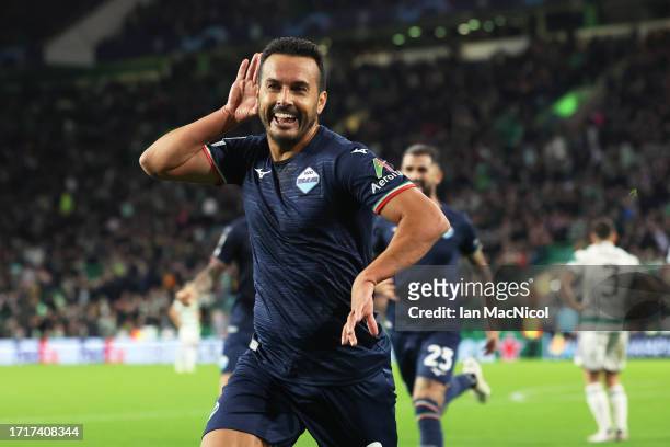 Pedro of SS Lazio celebrates after scoring the team's second goal during the UEFA Champions League match between Celtic FC and SS Lazio at Celtic...