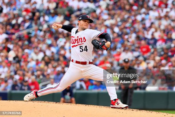 Sonny Gray of the Minnesota Twins throws a pitch against the Toronto Blue Jays during the second inning in Game Two of the Wild Card Series at Target...