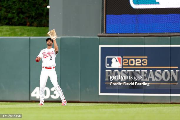 Michael A. Taylor of the Minnesota Twins catches a fly ball hit by Kevin Kiermaier of the Toronto Blue Jays during the second inning in Game Two of...