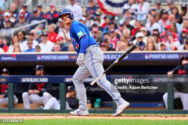 Matt Chapman of the Toronto Blue Jays reacts after getting walked by Sonny Gray of the Minnesota Twins during the second inning in Game Two of the...