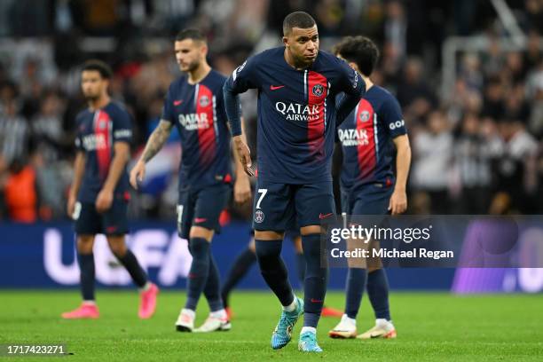 Kylian Mbappe of Paris Saint-Germain looks dejected at full-time following the UEFA Champions League match between Newcastle United FC and Paris...