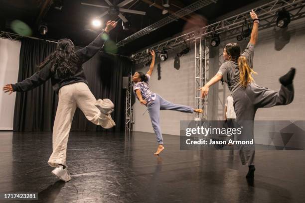 Playdate choreographer Ramita Ravi instructing Sydney Richardson and Ellie Wiemer are photographed for Los Angeles on June 16, 2023 in Los Angeles,...