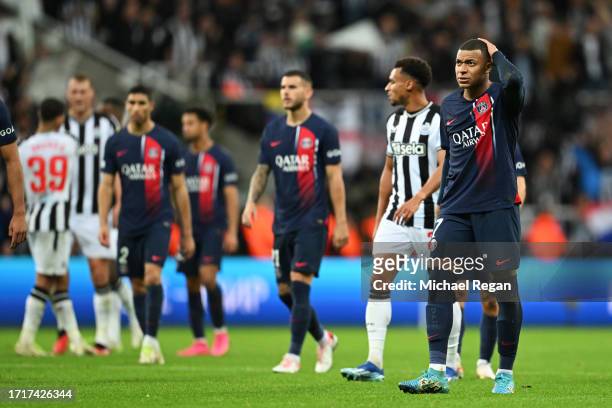 Kylian Mbappe of Paris Saint-Germain looks dejected at full-time following the UEFA Champions League match between Newcastle United FC and Paris...