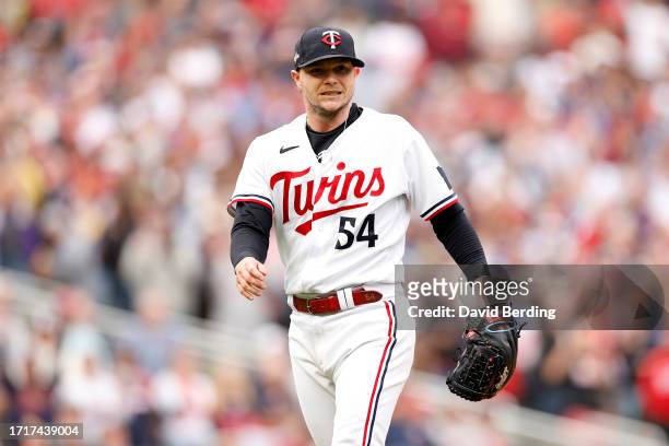 Sonny Gray of the Minnesota Twins reacts to a strike out by Cavan Biggio of the Toronto Blue Jays during the third inning in Game Two of the Wild...
