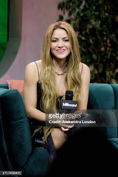 Shakira speaks onstage during 2023 Billboard Latin Music Week - Hits Don't Lie: The Superstar Q&A With Shakira at Faena Forum on October 04, 2023 in...