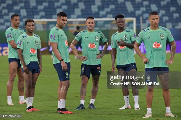 Brazil's defender Danilo, Brazil's forward Rodrygo, Brazil's midfielder Casemiro, Brazil's forward Neymar, Brazil's forward Vinicius Jr and Brazil's...